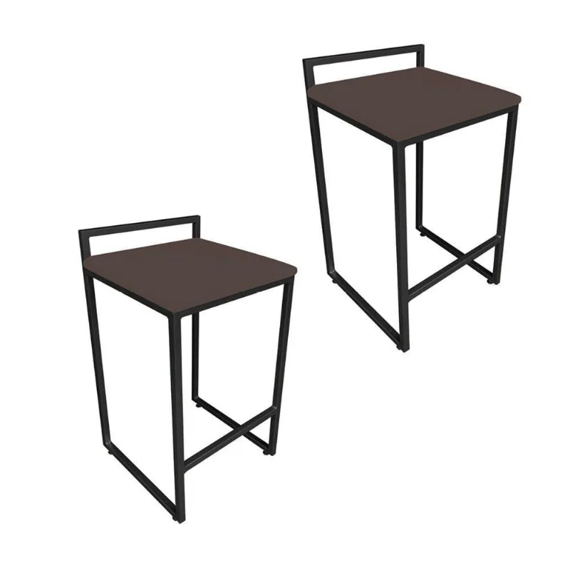 Conjunto 02 Banquetas Alta Lavinia Suede Marrom Base Preto Drossi - DRossi