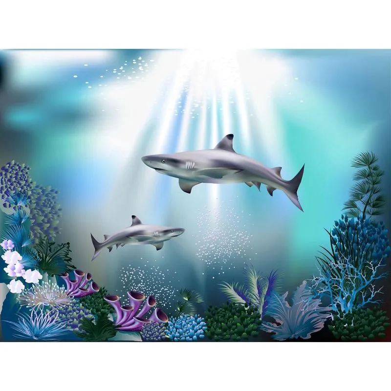 Papel De Parede Fundo Do Mar Tubarões Algas 3D 6M² Fm93