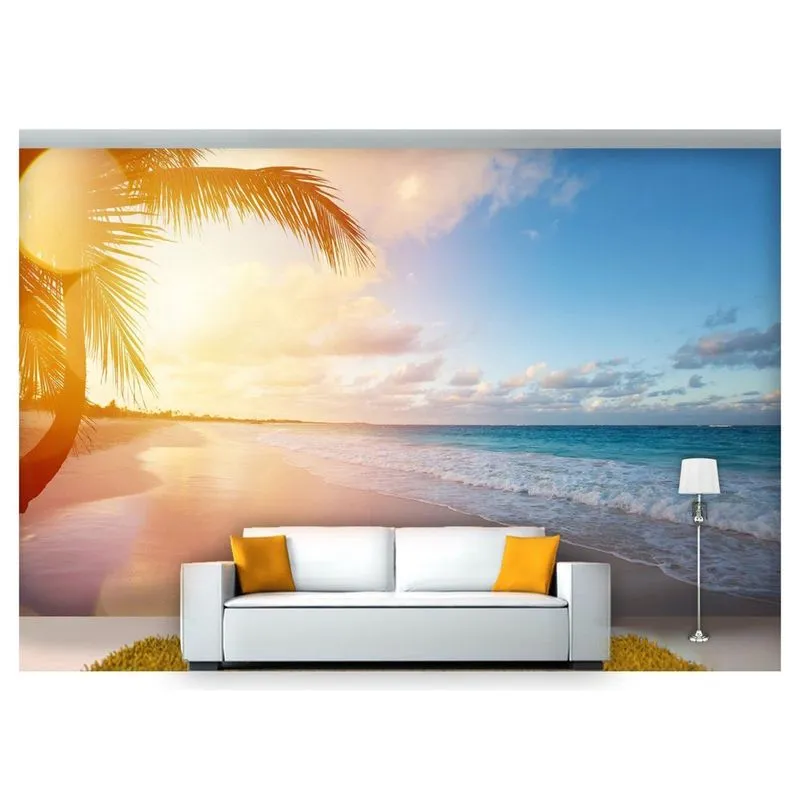 Papel De Parede Praia Mar Por Do Sol Coqueiro 7,50M² Npr206