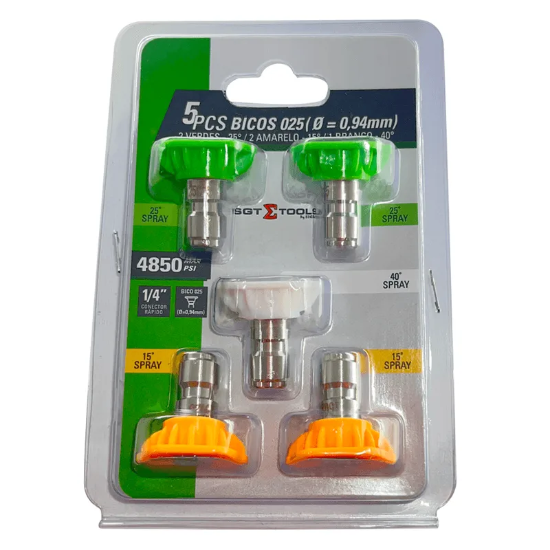 Jogo 5 Bicos 025 (diam. 0,94mm) - 2 Verdes 25°, 2 Amarelos 15°, 1 Branco 40° - SGT TOOLS 0761091020