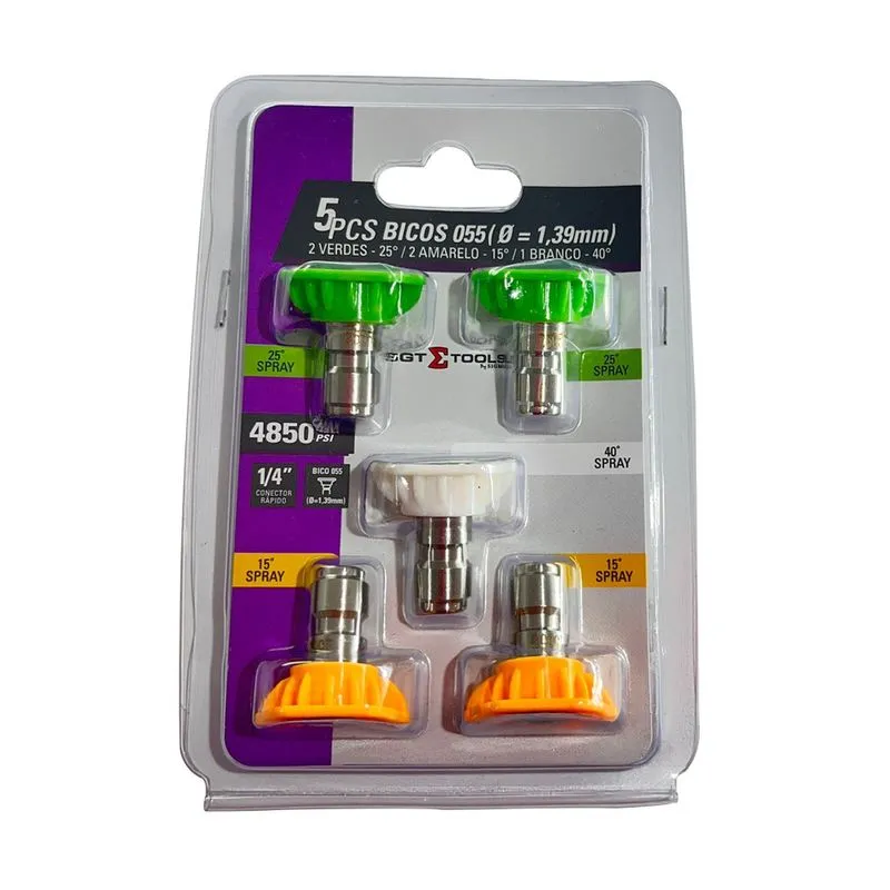Jogo 5 Bicos 055 Diam. 1,39mm - 2 Verdes 25°, 2 Amarelos 15°, 1 Branco 40°