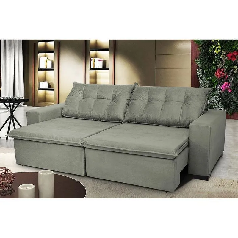 Sofá Austrália 2,12 Mts Retrátil, Reclinável Com Molas E Pillow No Assento Tecido Suede Cinza