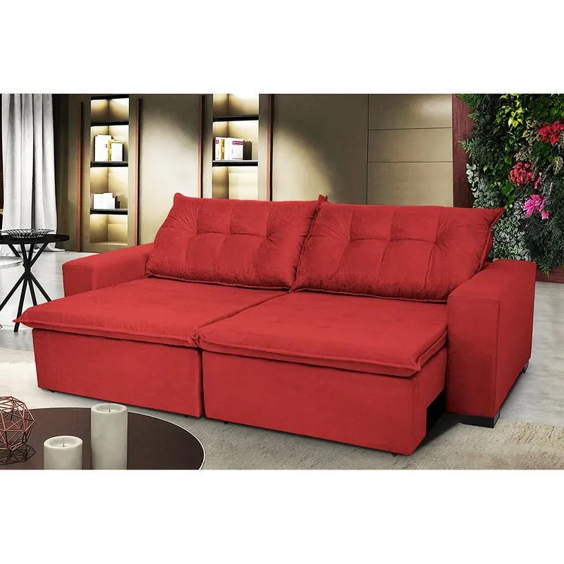 Sofá Austrália 2,92 Mts Retrátil, Reclinável Com Molas e Pillow no Assento Tecido Suede Vermelho