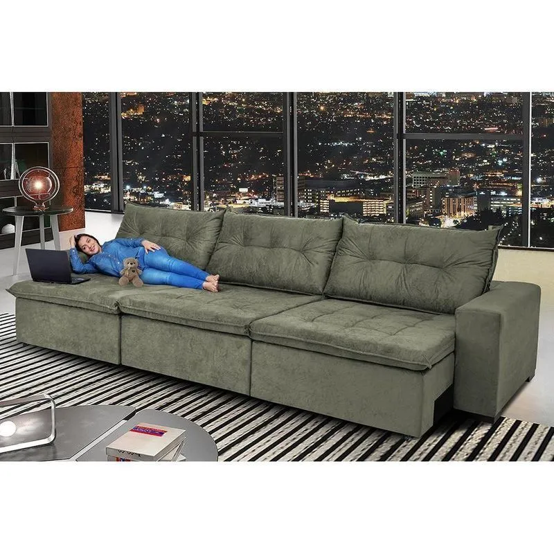 Sofá Austrália 3,52 Mts Retrátil, Reclinável Com Molas E Pillow No Assento Tecido Suede Cinza