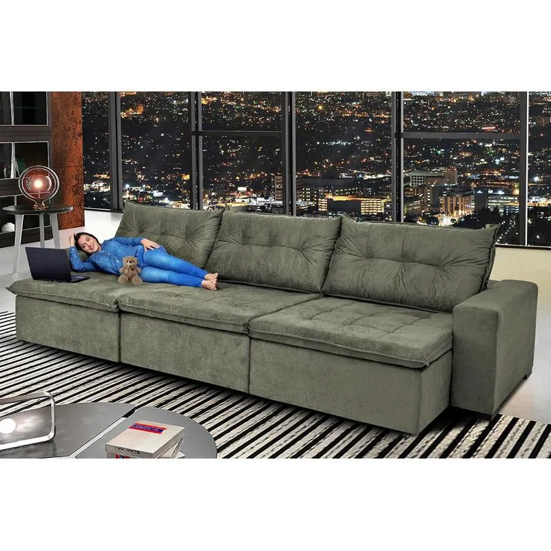 Sofá Austrália 4,12 Mts Retrátil, Reclinável Com Molas e Pillow no Assento Tecido Suede Cinza - Cama InBox