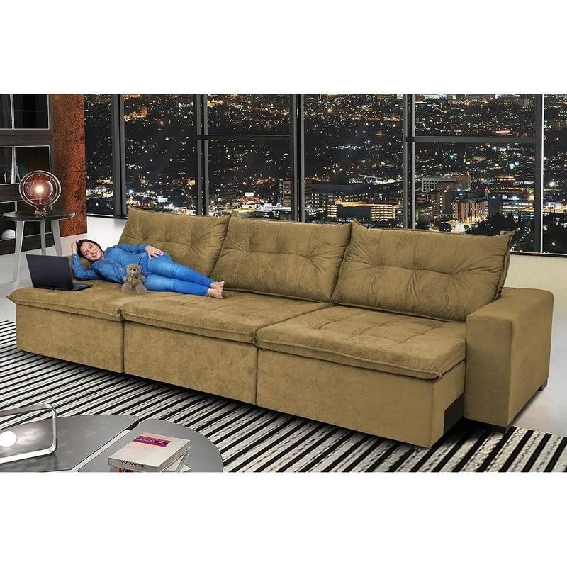 Sofá Austrália 4,12 Mts Retrátil, Reclinável Com Molas E Pillow No Assento Tecido Suede Castor
