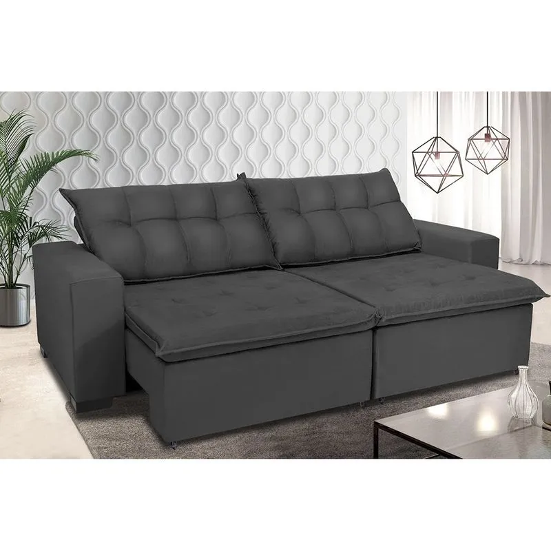 Sofá Retrátil e Reclinavel Oklahoma 2,92 Mts Com Molas e Pillow no Assento Tecido Suede Cinza - Cama InBox