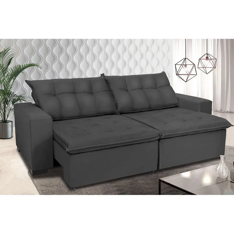 Sofá Retrátil e Reclinavel Oklahoma 2,32 Mts Com Molas e Pillow no Assento Tecido Suede Cinza - Cama InBox