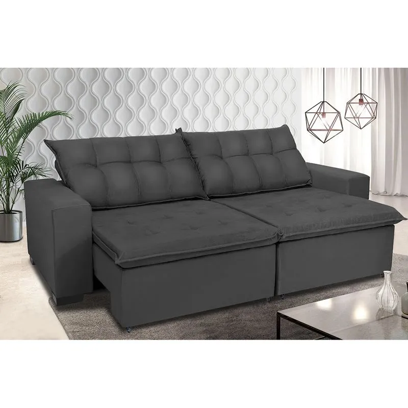 Sofá Retrátil e Reclinavel Oklahoma 2,52 Mts Com Molas e Pillow no Assento Tecido Suede Cinza - Cama InBox