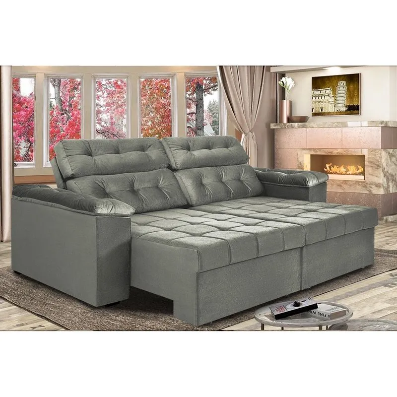 Sofá Retrátil e Reclinavel New Austrália 2,25 Mts Tecido Suede Cinza - Cama InBox