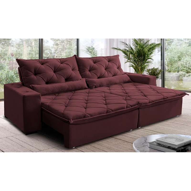 Sofá Lisboa Retrátil, Reclinável com Molas no Assento Tecido Suede Velusoft - Cama InBox Vinho / 3,52m