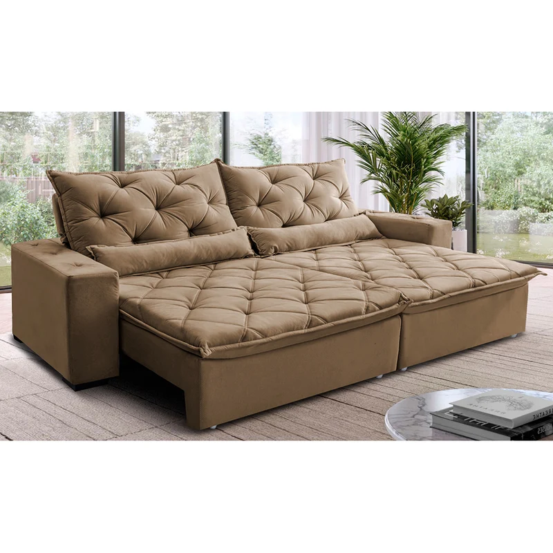 Sofá Lisboa Retrátil, Reclinável com Molas no Assento Tecido Suede Velusoft - Cama InBox Castor / 3,82m