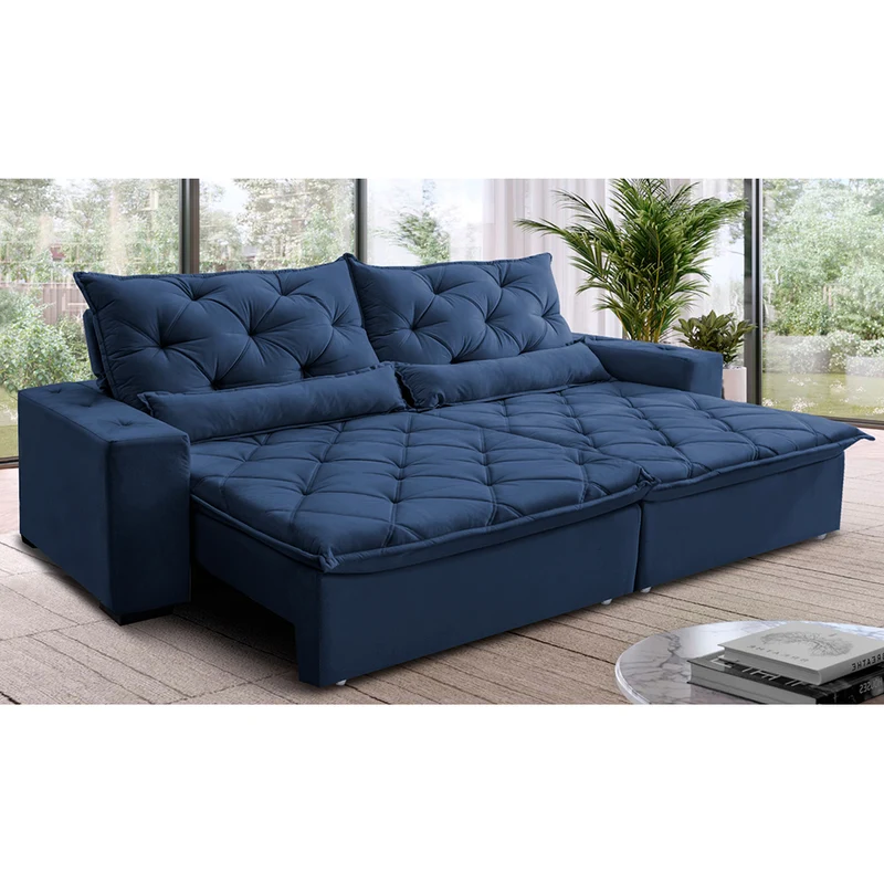 Sofá Lisboa Retrátil, Reclinável com Molas no Assento Tecido Suede Velusoft - Cama InBox Azul / 4,12m
