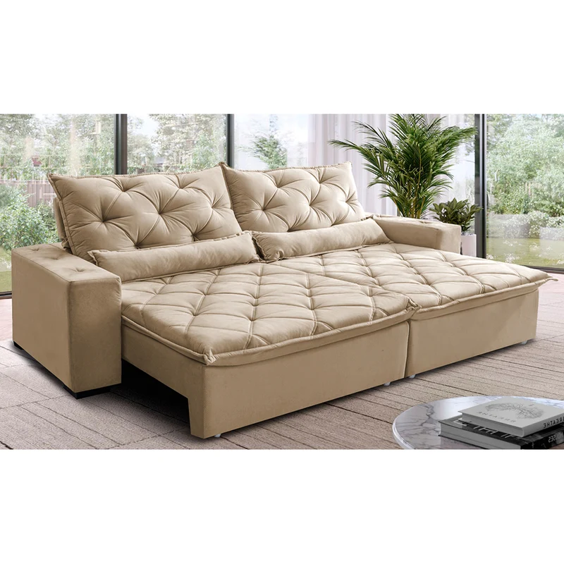Sofá Lisboa Retrátil, Reclinável com Molas no Assento Tecido Suede Velusoft - Cama InBox Bege / 4,12m