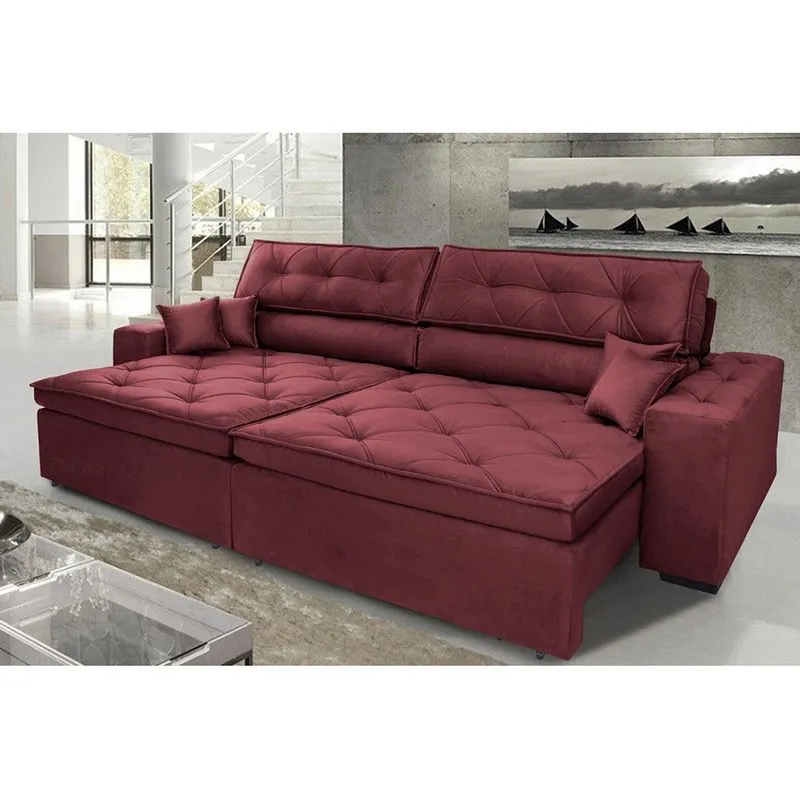 Sofá Austin 2,62m Retrátil, Reclinável com Molas no Assento e Almofadas, Suede Vinho Cama inBox