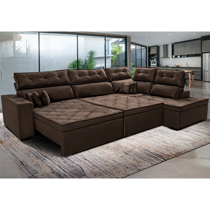 Sofá de Canto Direito Retrátil e Reclinável com Molas Cama inBox Platinum Suede Café / 3,40m x 2,36m