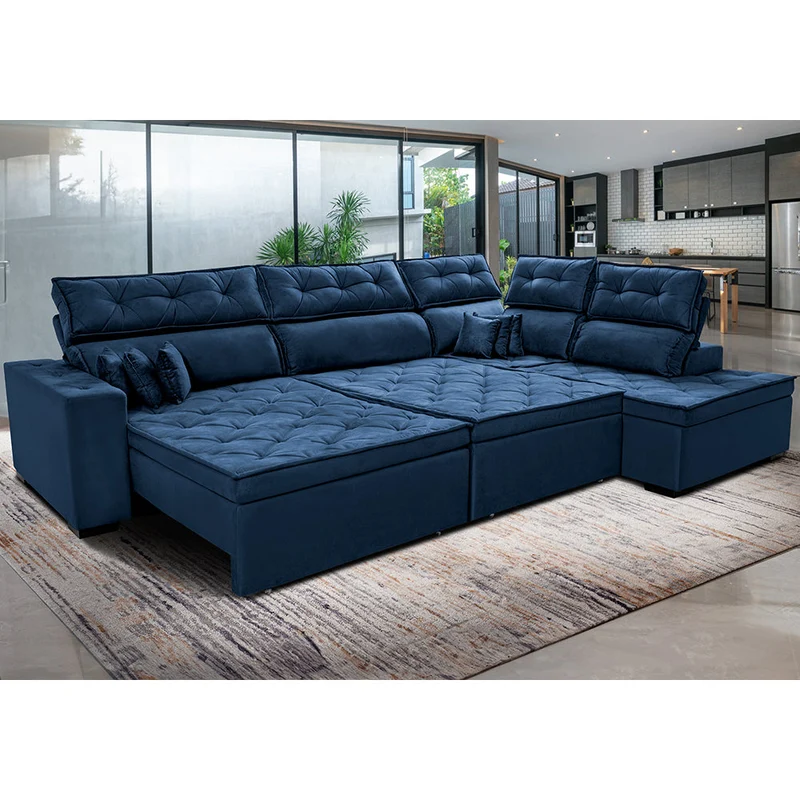 Sofá de Canto Direito Retrátil e Reclinável com Molas Cama inBox Platinum Suede Azul / 3,00m x 2,36m