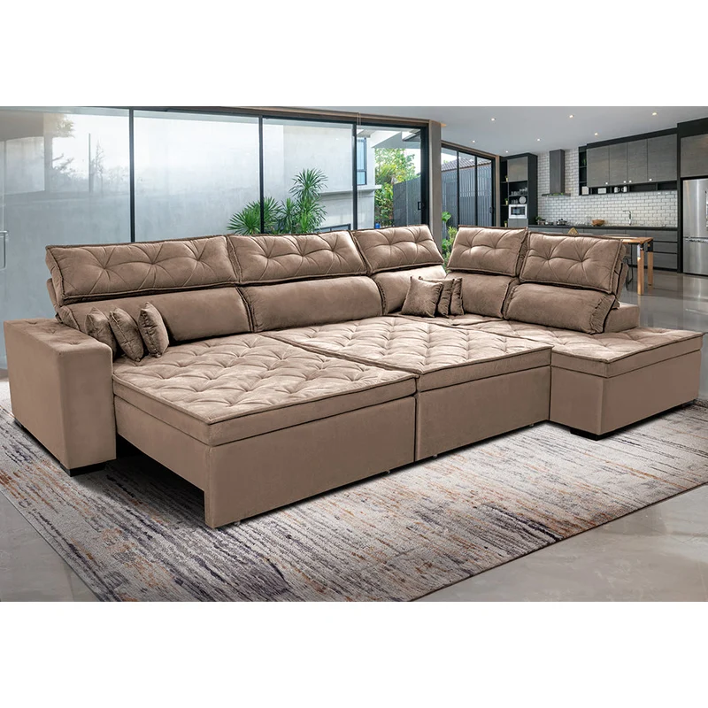 Sofá de Canto Direito Retrátil e Reclinável com Molas Cama inBox Platinum Suede Bege / 3,00m x 2,36m