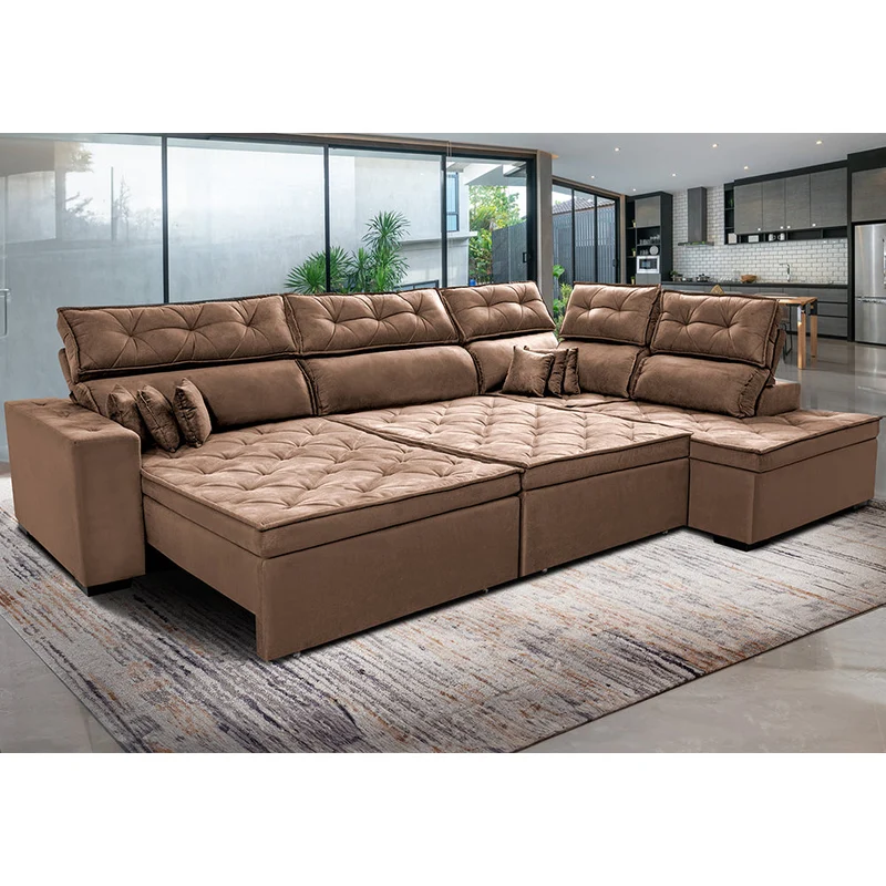 Sofá de Canto Direito Retrátil e Reclinável com Molas Cama inBox Platinum Suede Castor / 3,00m x 2,36m