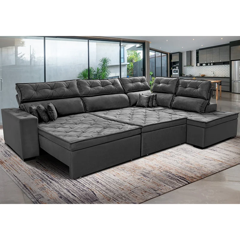 Sofá de Canto Direito Retrátil e Reclinável com Molas Cama inBox Platinum Suede Cinza / 3,00m x 2,36m