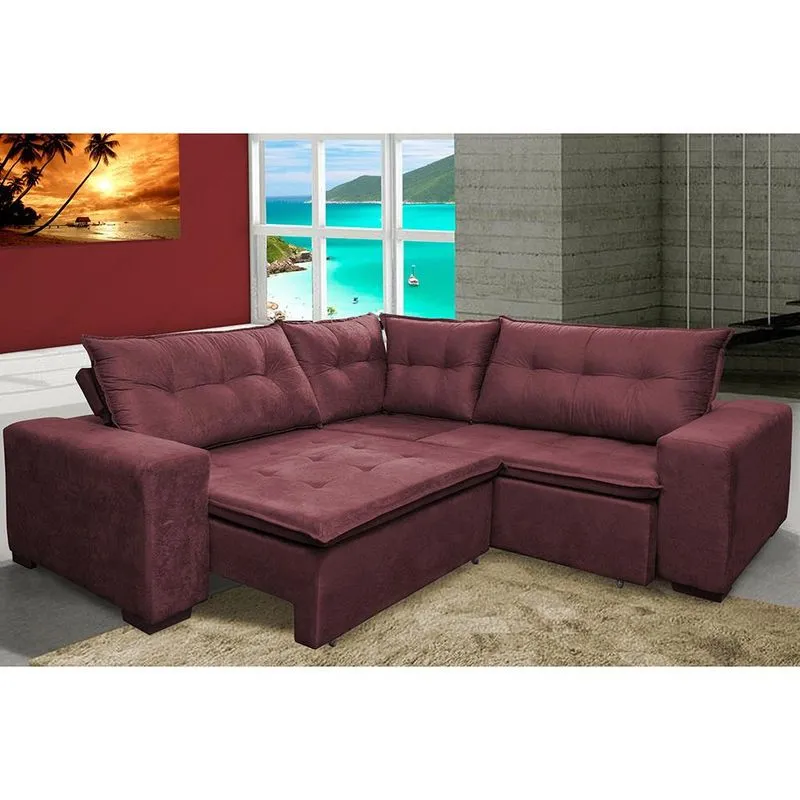 Sofa de Canto Retrátil e Reclinável com Molas Cama inBox Oklahoma 2,40m x 2,40m Suede Velusoft Vinho