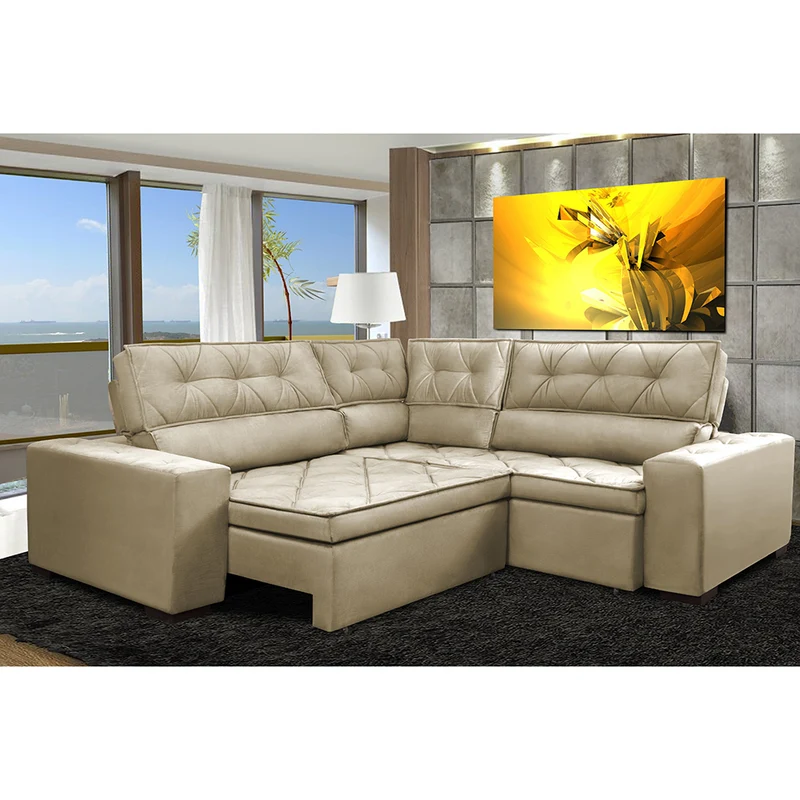 Sofa de Canto Retrátil e Reclinável com Molas Cama inBox Austin Suede Velusoft Bege / 2,20m x 2,20m