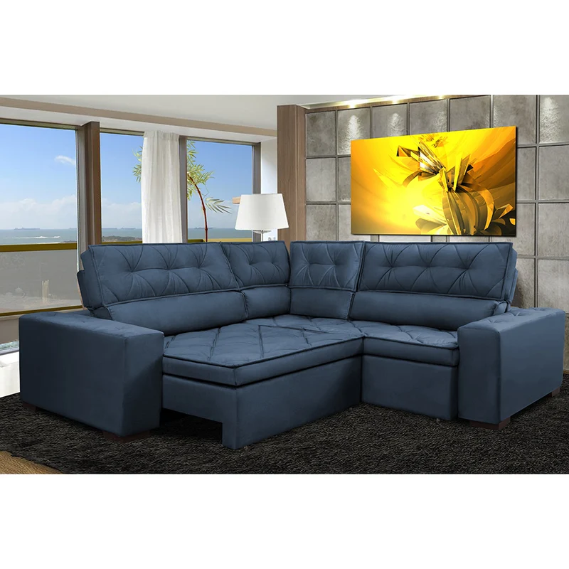 Sofa de Canto Retrátil e Reclinável com Molas Cama inBox Austin Suede Velusoft Azul / 2,40m x 2,40m