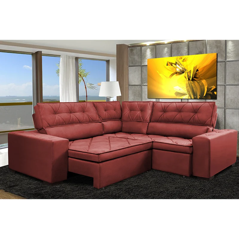 Sofa de Canto Retrátil e Reclinável com Molas Cama inBox Austin Suede Velusoft Vermelho / 2,40m x 2,40m