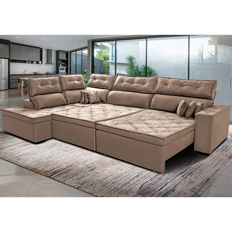 Sofá de Canto Esquerdo Retrátil e Reclinável com Molas Cama inBox Platinum Suede Bege / 3,00m x 2,36m