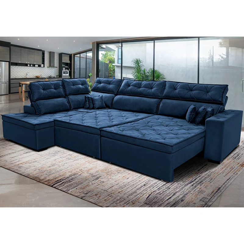 Sofá de Canto Esquerdo Retrátil e Reclinável com Molas Cama inBox Platinum Suede Azul / 3,40m x 2,36m
