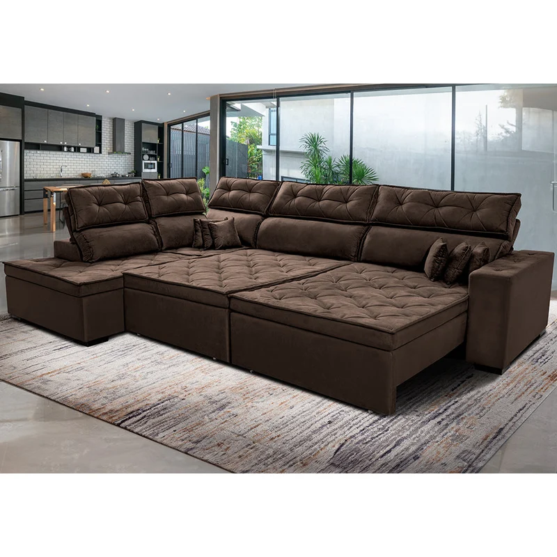 Sofá de Canto Esquerdo Retrátil e Reclinável com Molas Cama inBox Platinum Suede Café / 3,40m x 2,36m