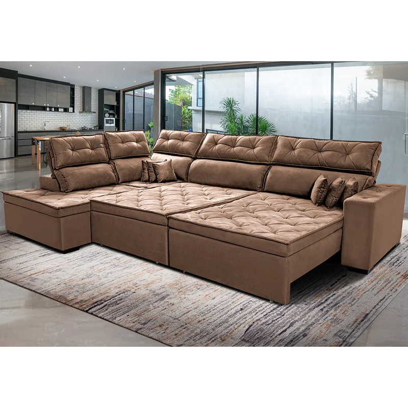Sofá de Canto Esquerdo Retrátil e Reclinável com Molas Cama inBox Platinum Suede Castor / 3,40m x 2,36m