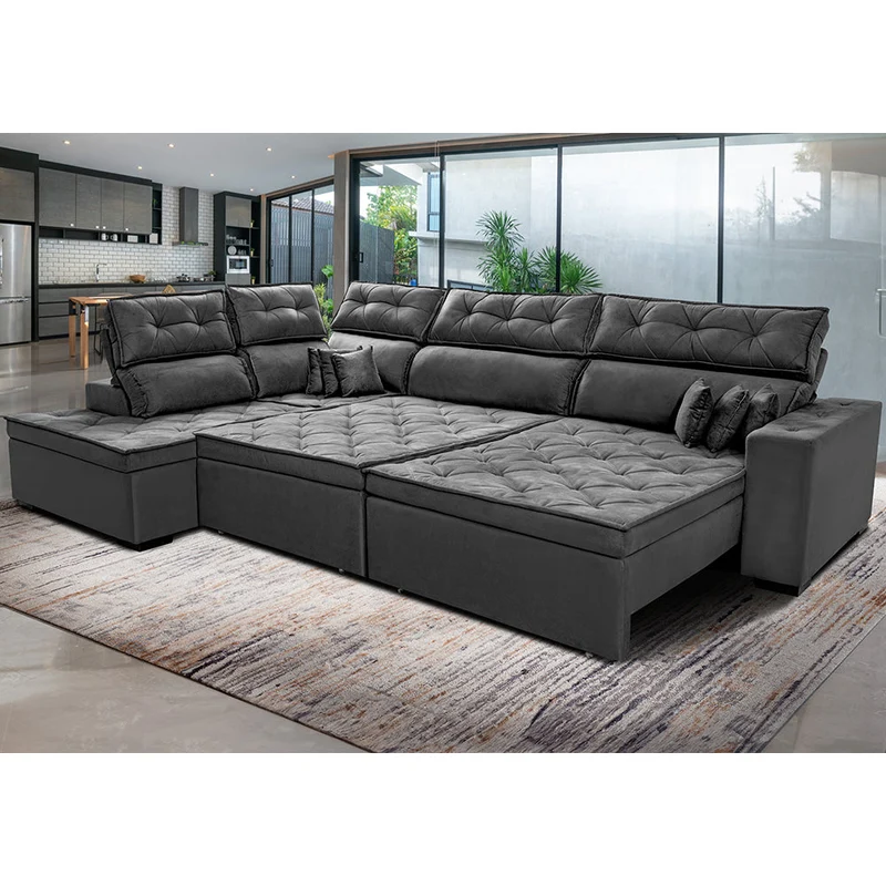 Sofá de Canto Esquerdo Retrátil e Reclinável com Molas Cama inBox Platinum Suede Cinza / 3,40m x 2,36m