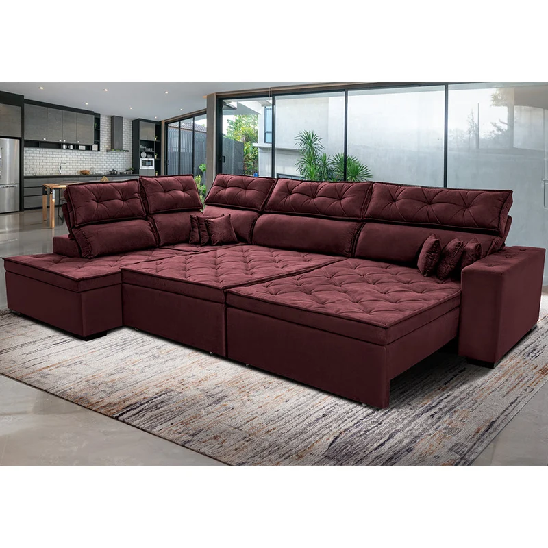 Sofá de Canto Esquerdo Retrátil e Reclinável com Molas Cama inBox Platinum Suede Vinho / 3,40m x 2,36m