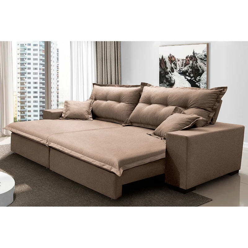 Sofá Retrátil e Reclinável com Molas Ensacadas Cama inBox Prime Tecido Linho Bege Escuro / 2,32m