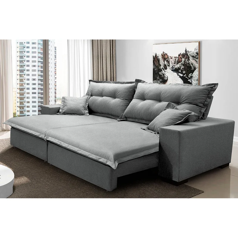 Sofá Retrátil e Reclinável com Molas Ensacadas Cama inBox Prime Tecido Linho Cinza Claro / 2,72m