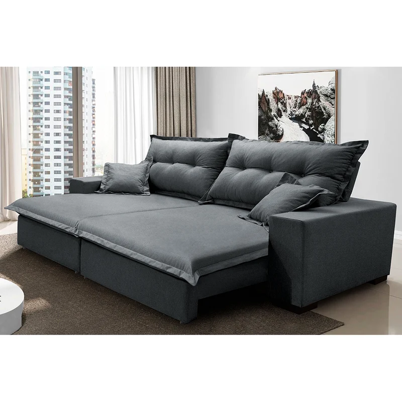 Sofá Retrátil e Reclinável com Molas Ensacadas Cama inBox Prime Tecido Linho Cinza Escuro / 2,72m