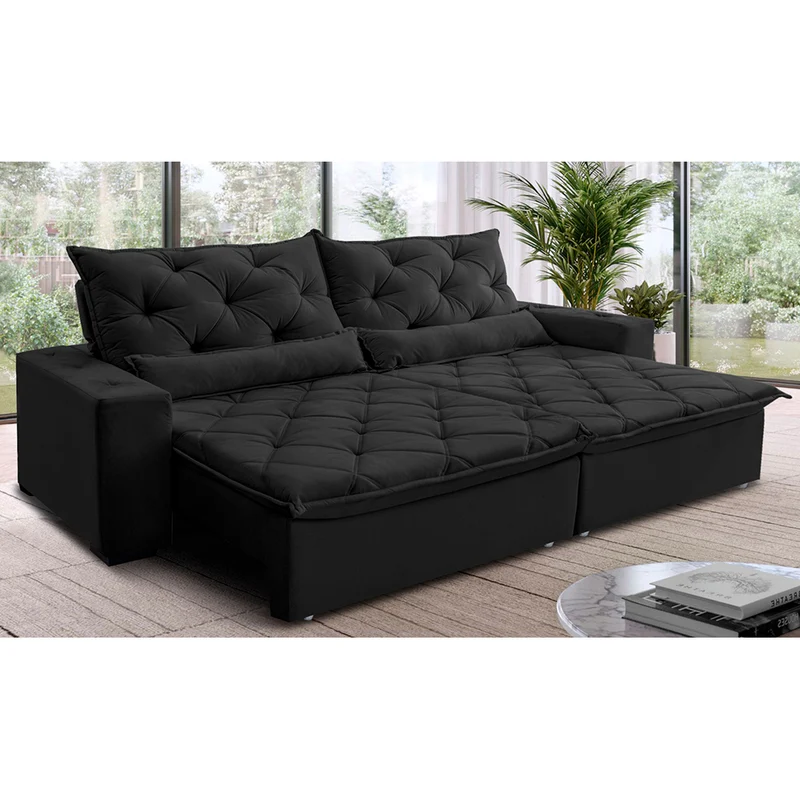 Sofá Lisboa Retrátil, Reclinável com Molas no Assento Tecido Suede Velusoft - Cama InBox Preto / 2,52m