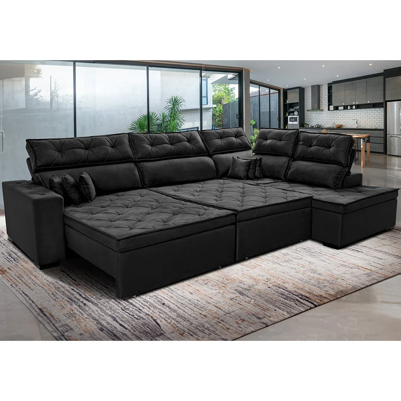 Sofá de Canto Direito Retrátil e Reclinável com Molas Cama inBox Platinum Suede Preto / 3,40m x 2,36m