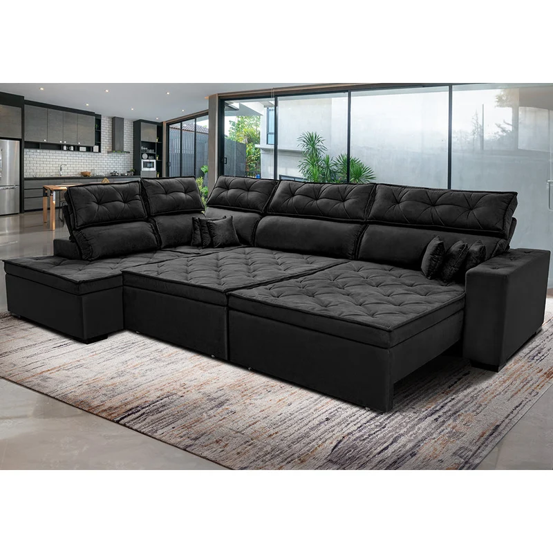 Sofá de Canto Esquerdo Retrátil e Reclinável com Molas Cama inBox Platinum Suede Preto / 3,00m x 2,36m