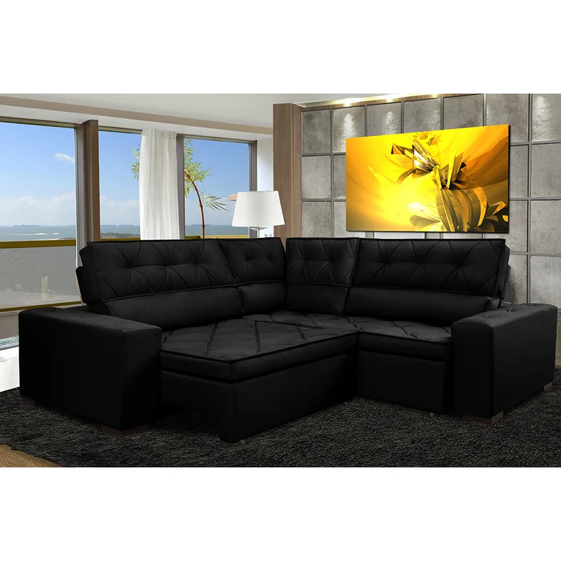 Sofa de Canto Retrátil e Reclinável com Molas Cama inBox Austin Suede Velusoft Preto / 2,70m x 2,70m