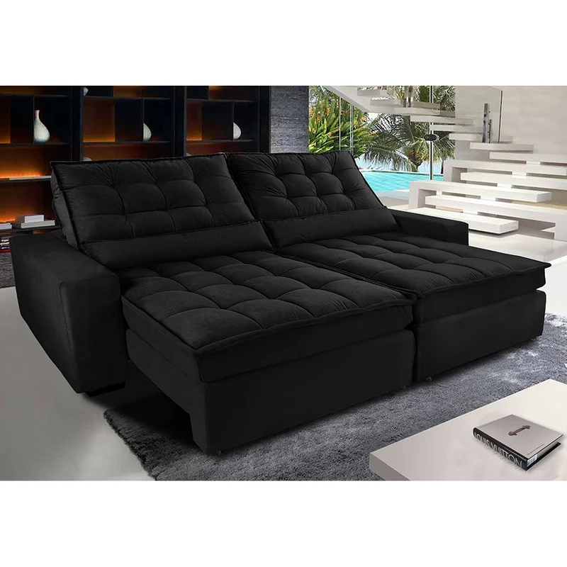 Sofá Retrátil e Reclinável com Molas Ensacadas Cama inBox Gold Tecido Suede Velusoft Preto / 2,52m