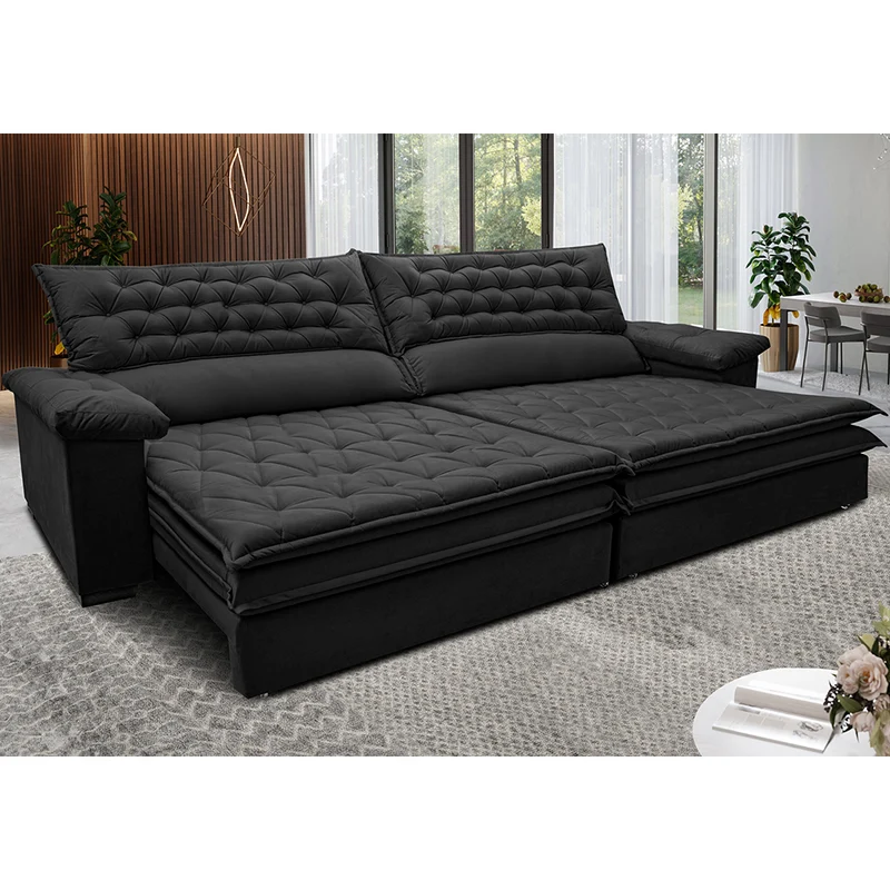 Sofá Retrátil e Reclinável Molas Ensacadas Cama inBox Botonê Preto / 2,52m