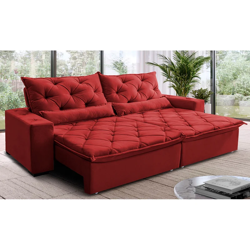 Sofá Lisboa Retrátil, Reclinável com Molas no Assento Tecido Suede Velusoft - Cama InBox Vermelho / 2,92m
