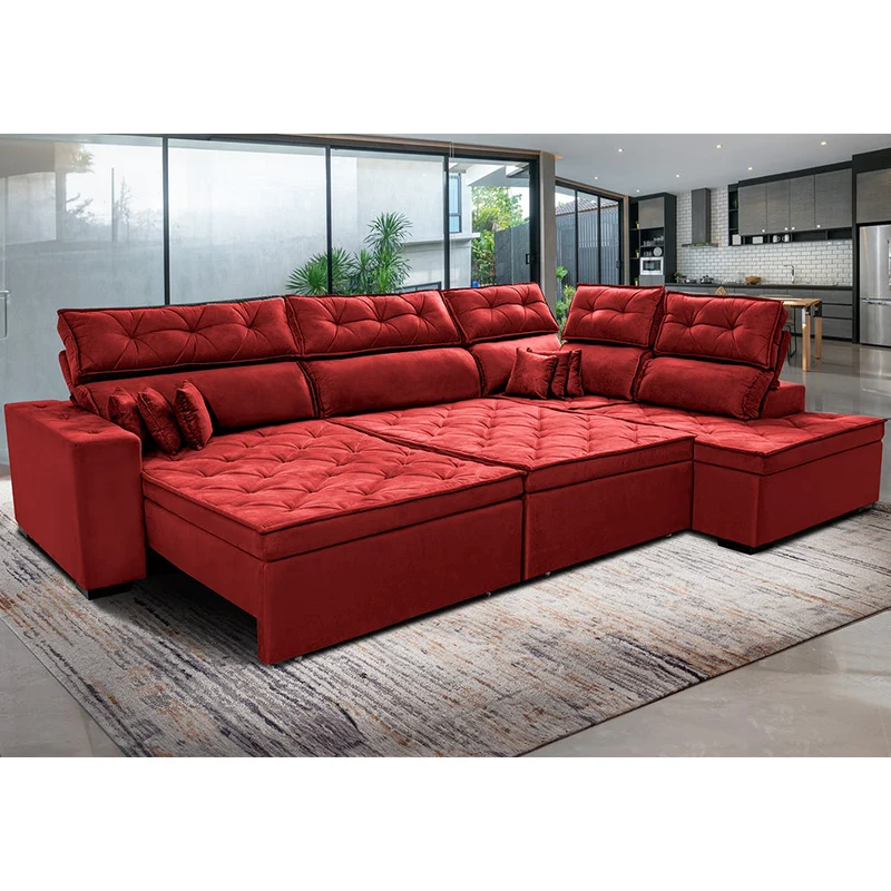 Sofá de Canto Direito Retrátil e Reclinável com Molas Cama inBox Platinum Suede Vermelho / 3,40m x 2,36m