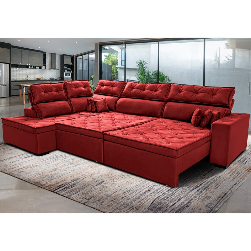 Sofá de Canto Esquerdo Retrátil e Reclinável com Molas Cama inBox Platinum Suede Vermelho / 3,00m x 2,36m