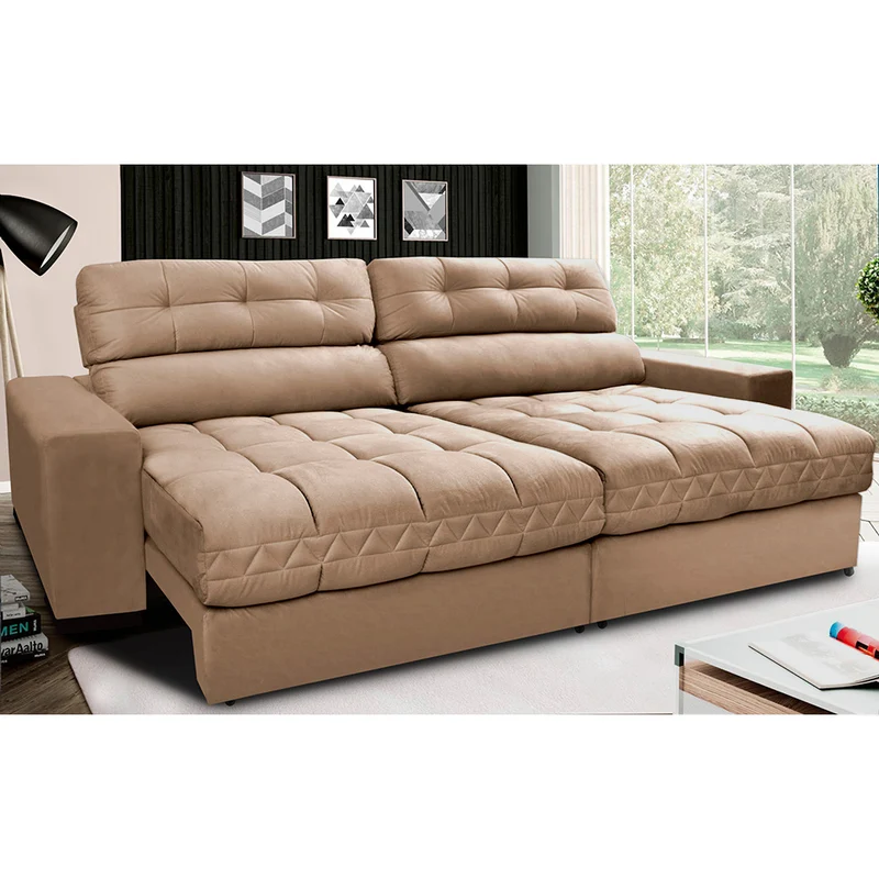 Sofá Retrátil e Reclinável com Molas Ensacadas Cama inBox Master Tecido Suede Bege / 2,12m