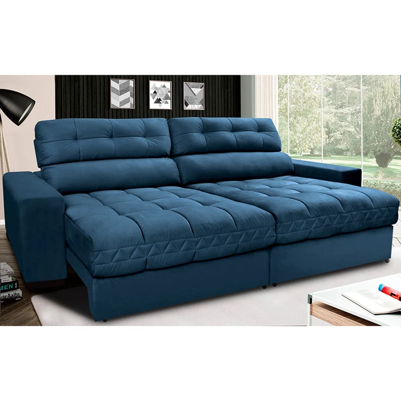 Sofá Retrátil e Reclinável com Molas Ensacadas Cama inBox Master Tecido Suede Azul / 2,72m
