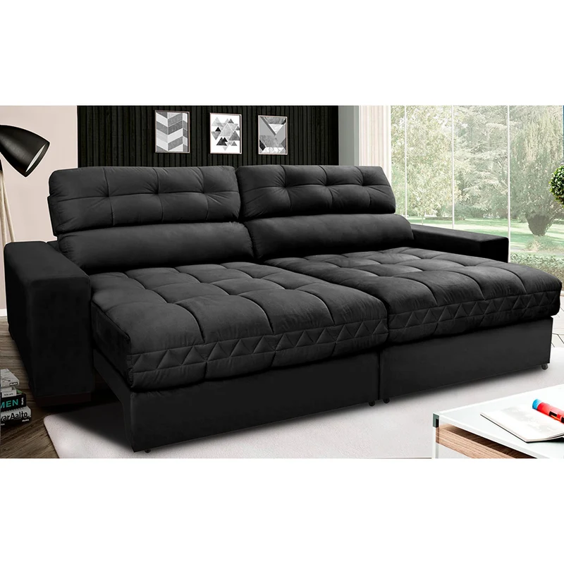 Sofá Retrátil e Reclinável com Molas Ensacadas Cama inBox Master Tecido Suede Preto / 2,72m
