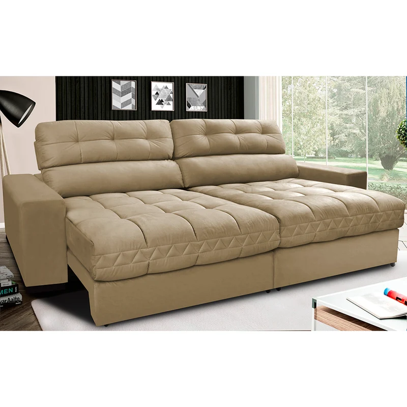 Sofá Retrátil e Reclinável com Molas Ensacadas Cama inBox Master Tecido Suede Bege / 2,92m